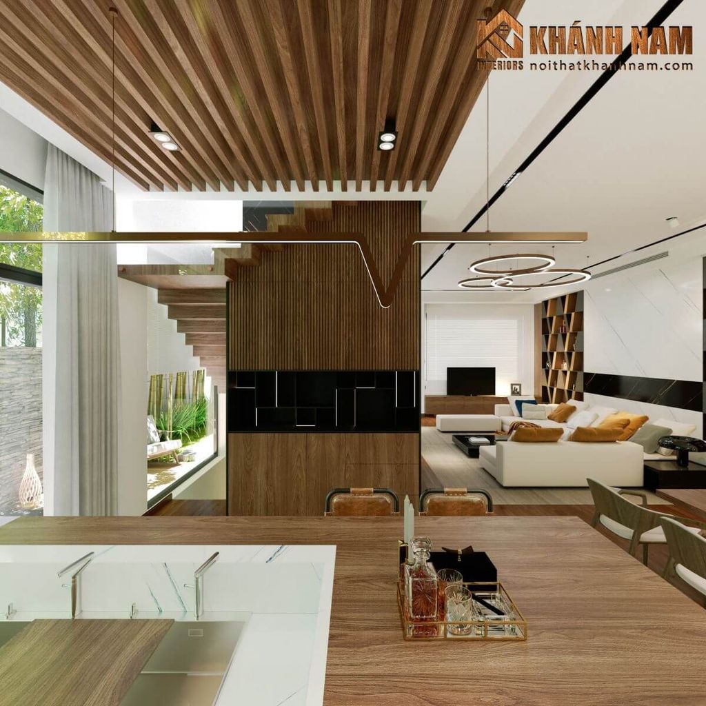 Phòng khách, Phòng bếp - Nhà phố KDC Him Lam - Phong cách Modern  | Space T