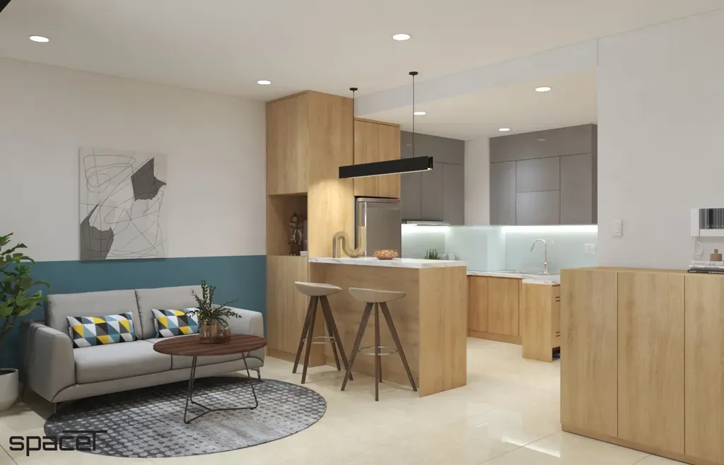 Phòng khách, Phòng bếp - Căn hộ Sunrise City - Phong cách Modern + Color Block | Space T