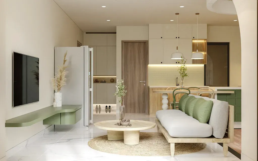 Phòng khách, Phòng bếp, Lối vào - Căn hộ Charm City Bình Dương - Phong cách Modern | Space T