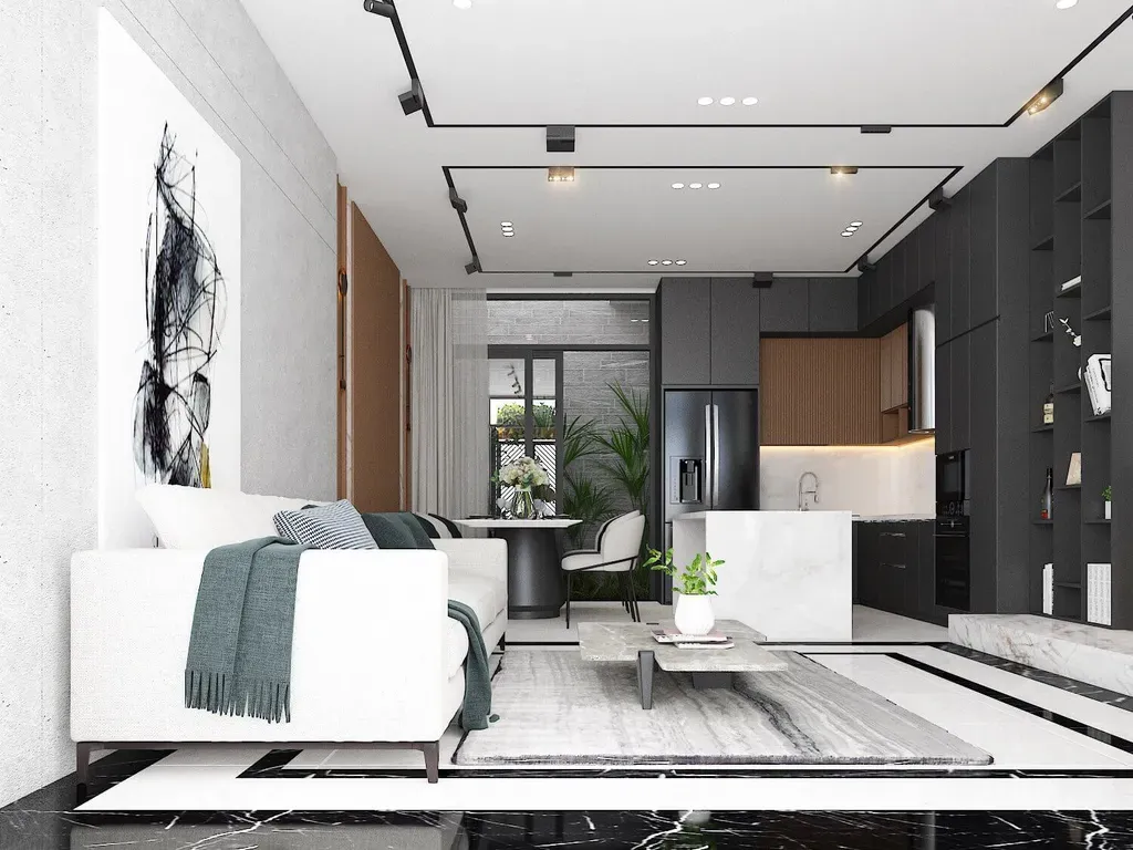 Phòng khách, Phòng bếp - Nhà phố Quận 4 - Phong cách Modern | Space T