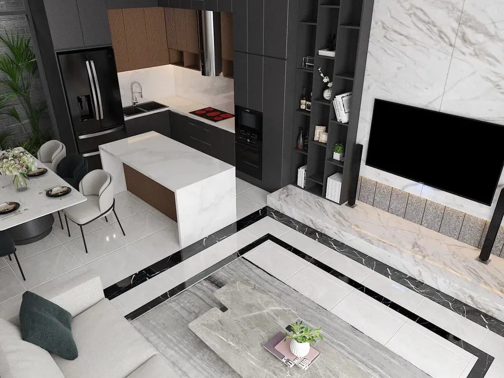 Phòng khách, Phòng bếp - Nhà phố Quận 4 - Phong cách Modern | Space T