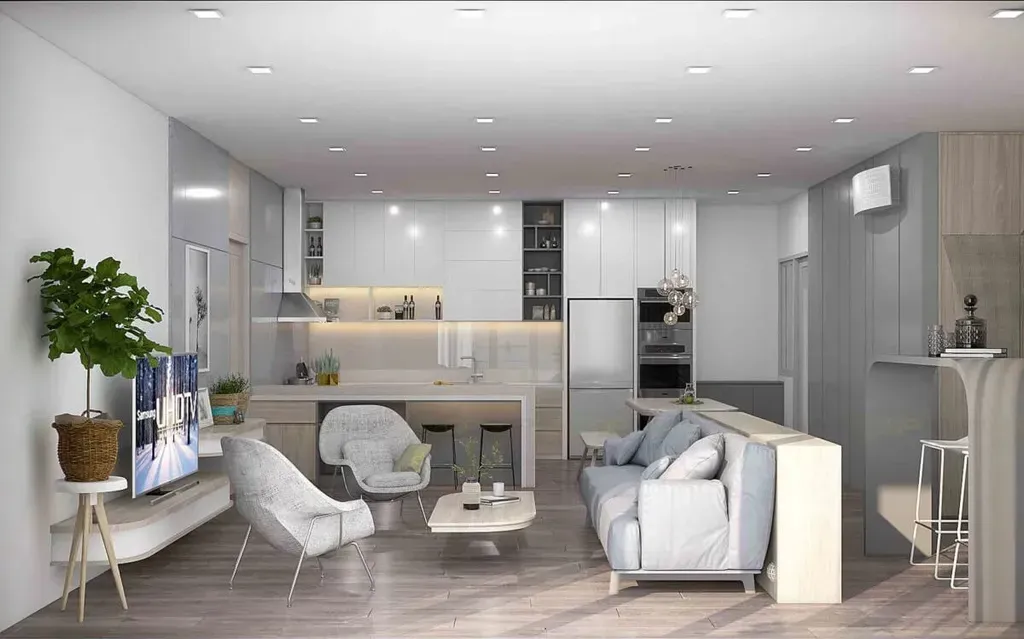 Phòng khách, Phòng bếp - Căn hộ The View - Rivieva Point Quận 7 - Phong cách Minimalist + Modern | Space T