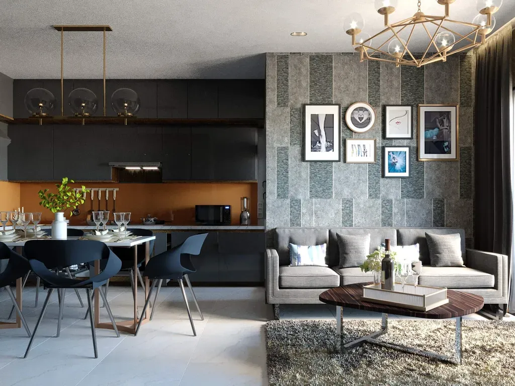 Phòng khách, Phòng bếp, Phòng ăn - Căn hộ Palm Heights Quận 2 - Phong cách Modern | Space T