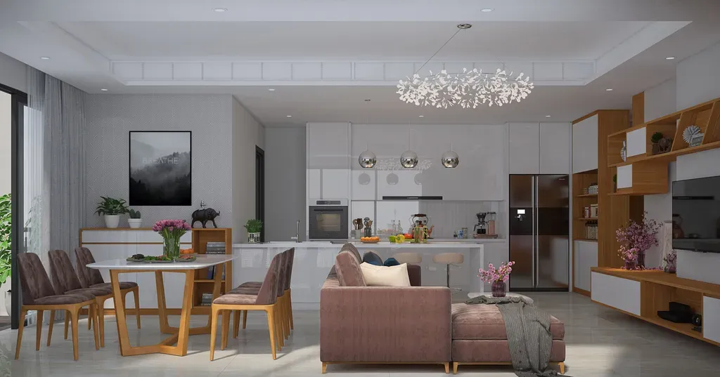 Phòng khách, Phòng bếp, Phòng ăn - Căn hộ Đảo Kim Cương Quận 2 - Phong cách Modern | Space T