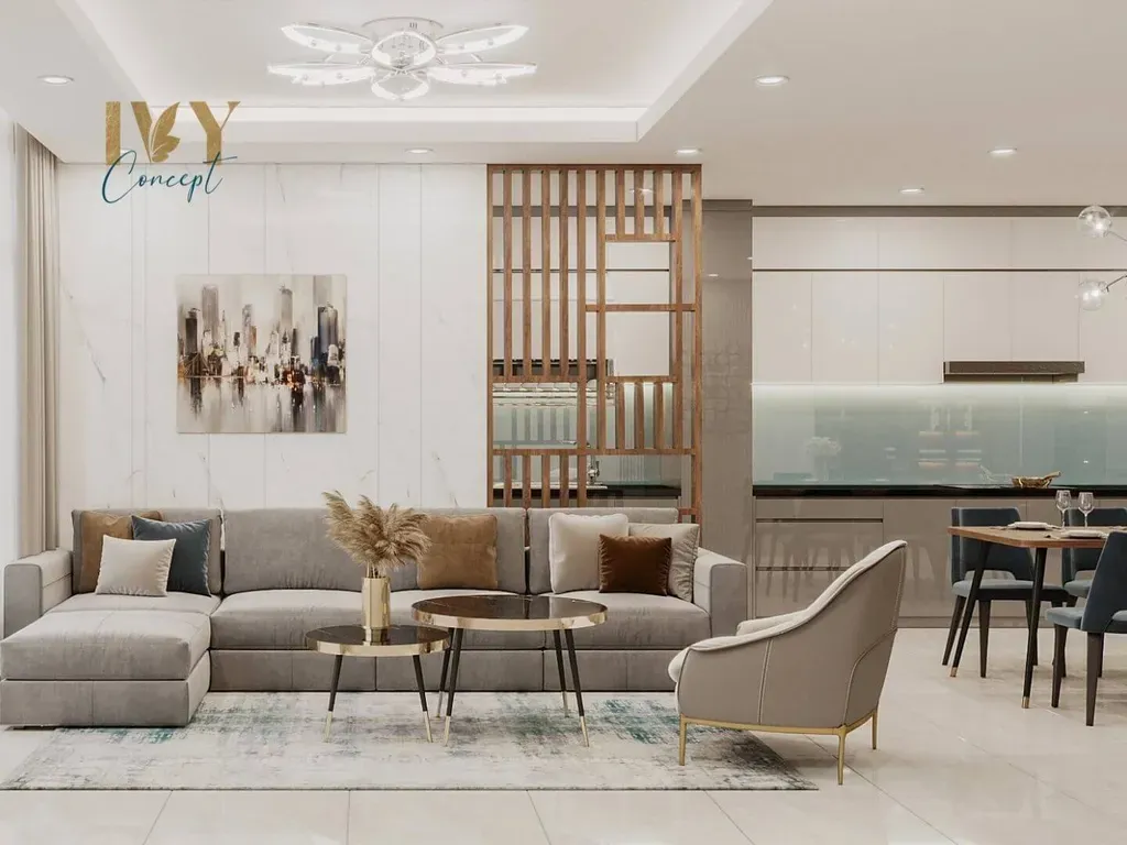 Phòng khách, Phòng bếp - Căn hộ Petro Landmark Quận 2 150m2 - Phong cách Modern | Space T
