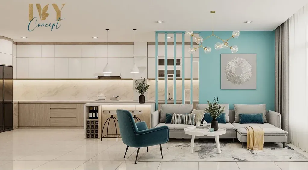 Phòng khách, Phòng bếp - Căn hộ Petro Landmark Quận 2 - Phong cách Color Block | Space T