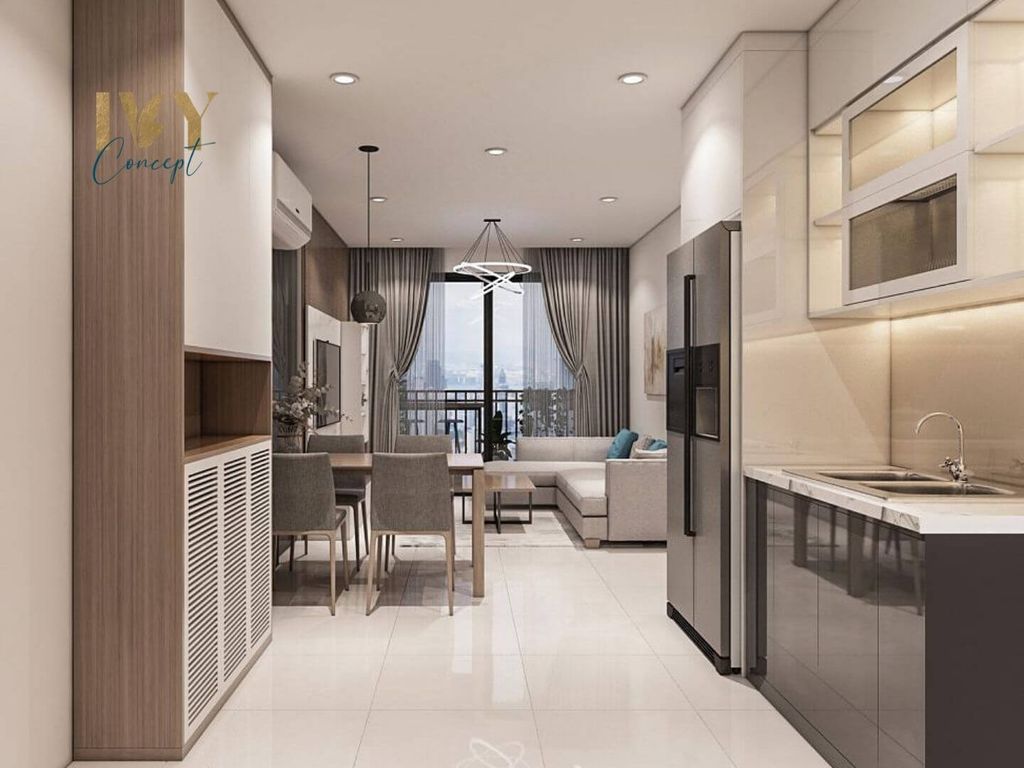 Phòng khách, Phòng bếp, Phòng ăn - Căn hộ Vinhomes Grand Park Quận 9 (Ms Hân) - Phong cách Modern  | Space T