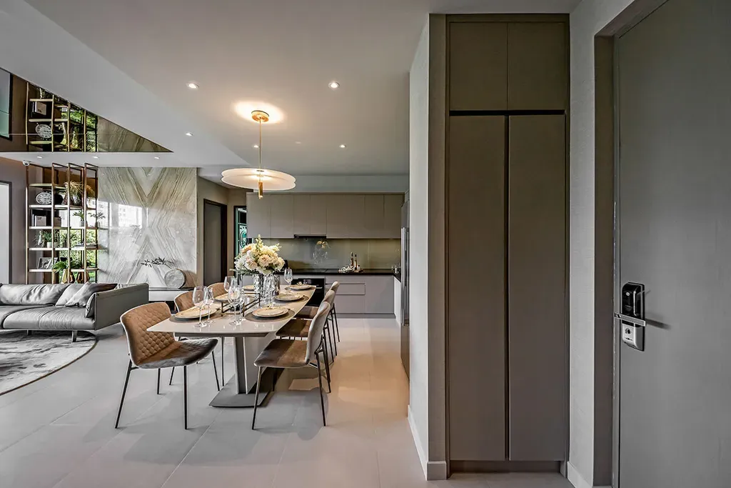 Phòng bếp, Phòng ăn, Lối vào - Căn hộ An Gia Westgate Bình Chánh 89m2 - Phong cách Modern | Space T