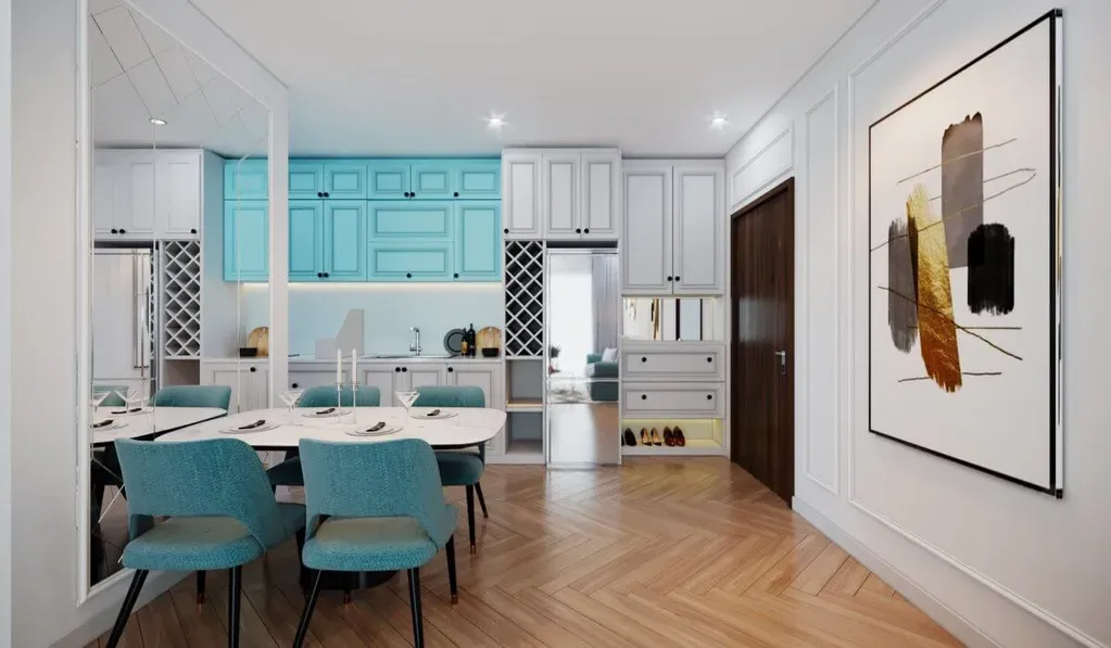 Phòng bếp, Phòng ăn, Lối vào - Căn hộ Compass One Bình Dương 70m2 - Phong cách Neo Classic | Space T