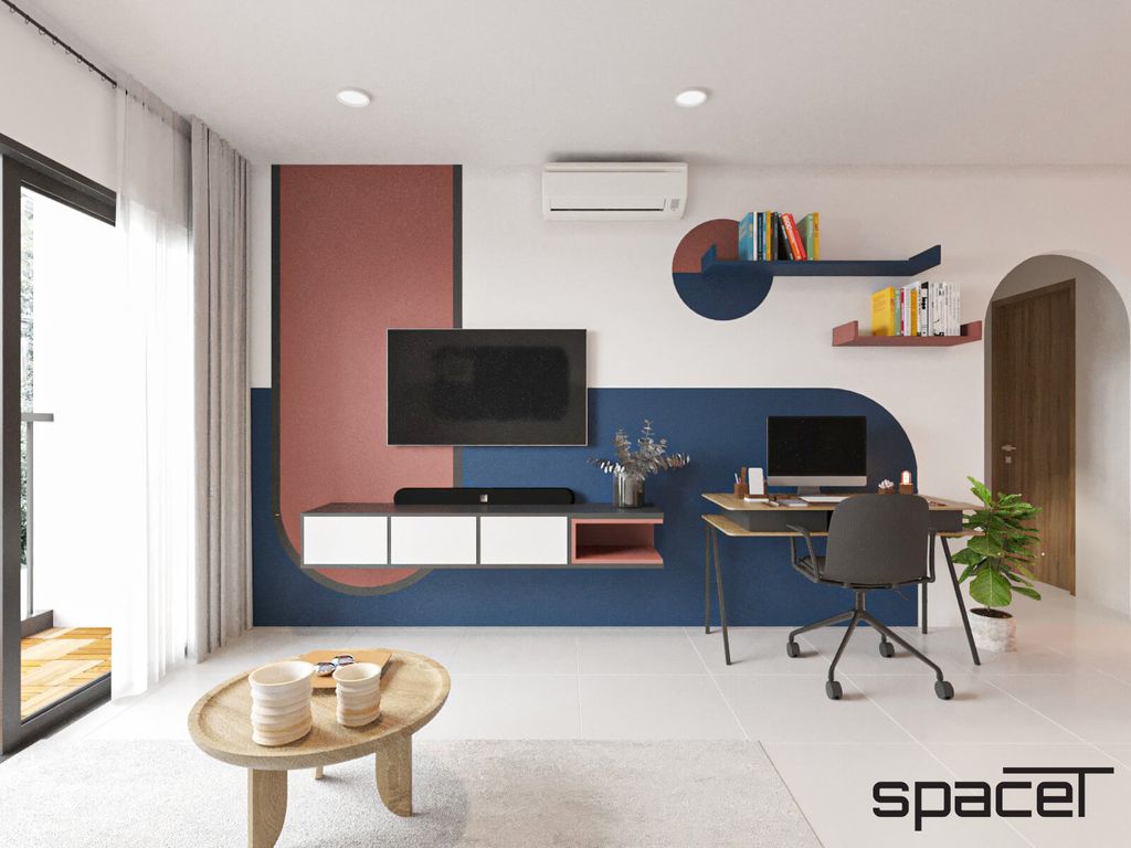 Phòng khách, Phòng làm việc - Căn hộ Goldora Plaza Nhà Bè 62m2 - Phong cách Color Block  | Space T