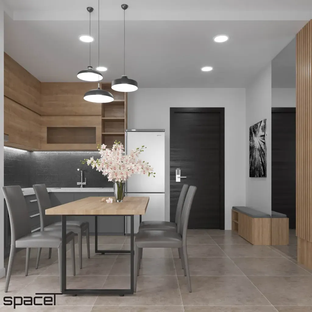 Phòng bếp, Phòng ăn, Lối vào - Căn hộ Compass One Bình Dương - Phong cách Modern | Space T