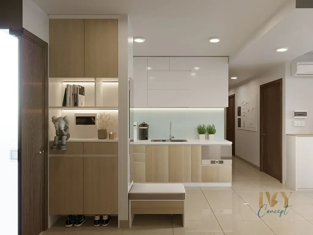Phòng bếp, Lối vào - Căn hộ 3PN River Panorama - Phong cách Modern | Space T