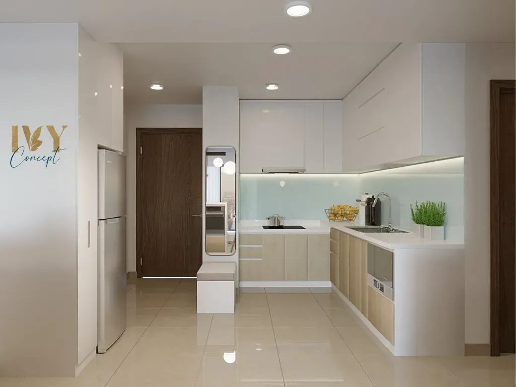 Phòng bếp, Lối vào - Căn hộ 3PN River Panorama - Phong cách Modern | Space T