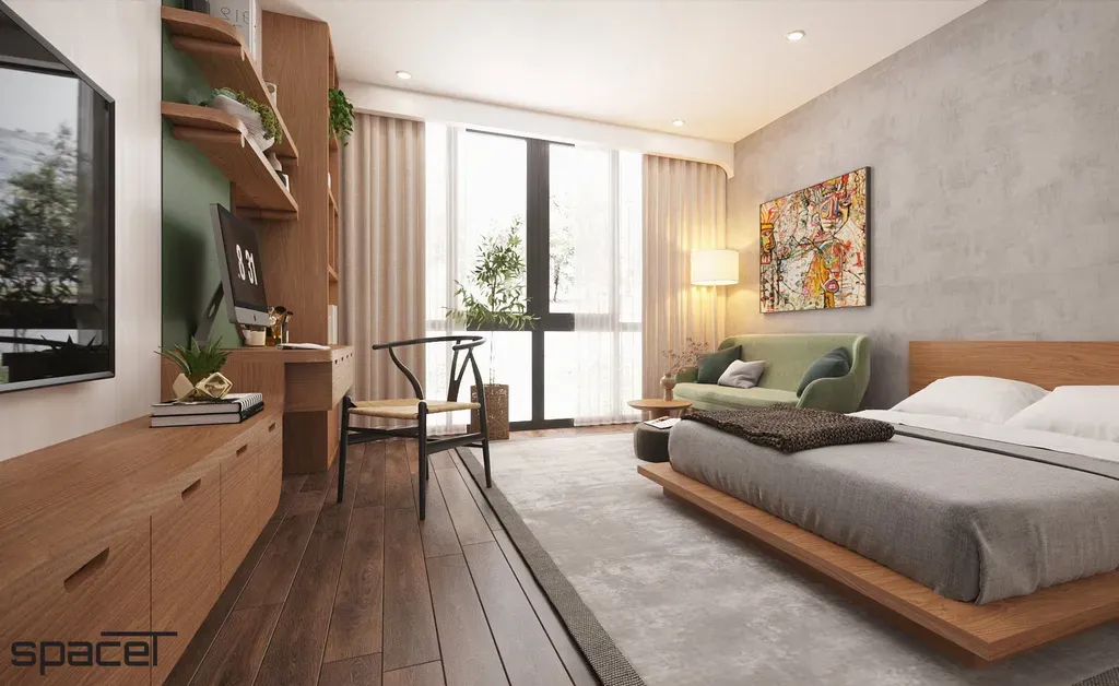Phòng ngủ, Phòng làm việc - Phòng ngủ 30m2 Nhà phố Quận 11 - Phong cách Modern | Space T