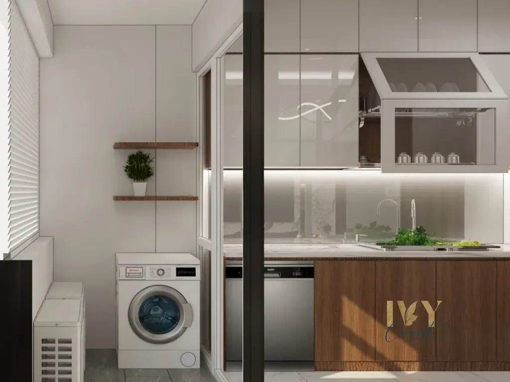Phòng bếp, Lô gia - Căn hộ 2PN Petro Landmark Quận 2 - Phong cách Modern | Space T