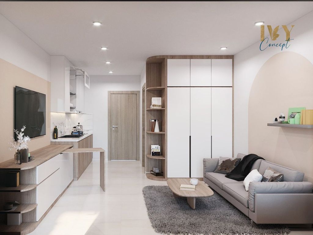 Phòng khách, Phòng bếp - Căn hộ studio Vinhomes Quận 9 - Phong cách Japandi  | Space T