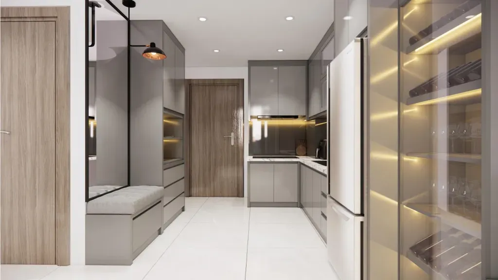 Phòng bếp, Lối vào - Căn hộ The Origami Vinhomes Q9 - Phong cách Modern | Space T