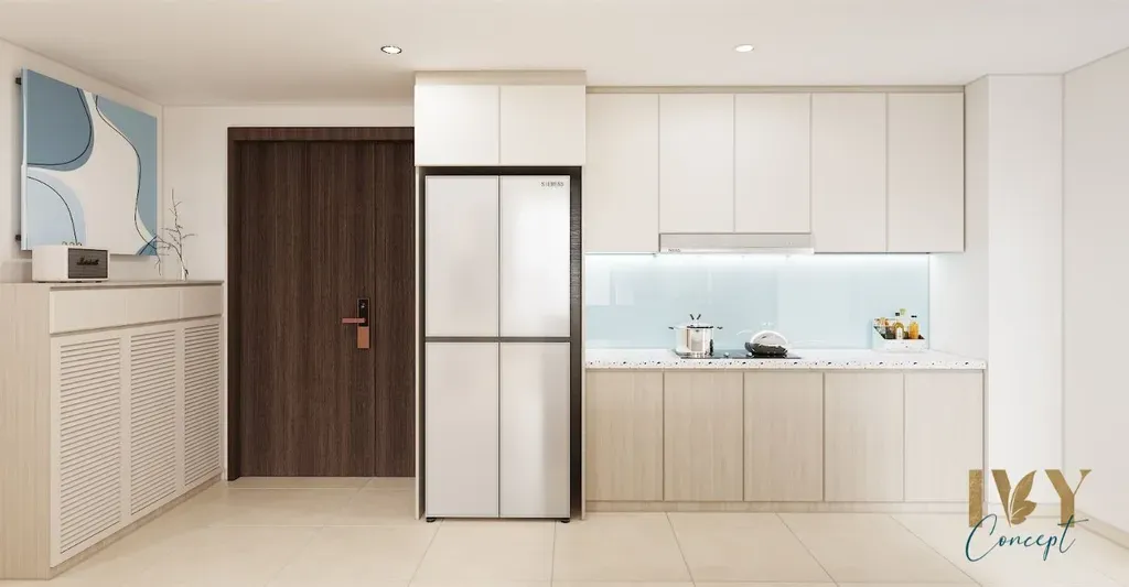 Phòng bếp, Lối vào - Căn hộ River Gate Quận 4 - Phong cách Color Block + Neo Classic | Space T