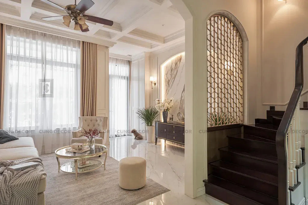 Phòng khách, Cầu thang - Nhà phố liền kề Lakeview City - Phong cách Bán cổ điển | Space T