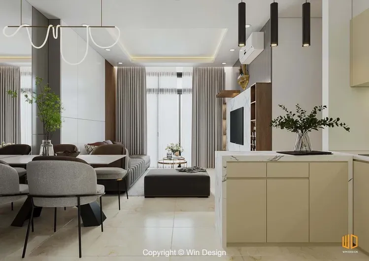 Phòng khách, Phòng bếp, Phòng ăn - Căn hộ 68m2 Quận 7 - Phong cách Modern  | Space T