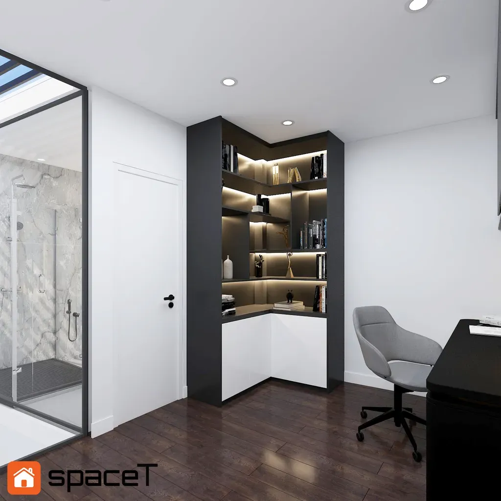 Phòng khách, Phòng ăn, Phòng làm việc - Concept nội thất Nhà phố Quận 4 - Phong cách Modern | Space T