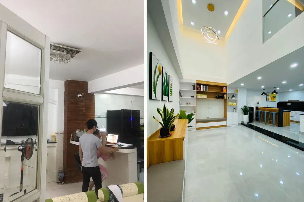 Phòng khách - Cải tạo nhà 44m2 từ 2 tầng: sửa 1 tầng thành tầng lửng, giải phóng không gian | Space T