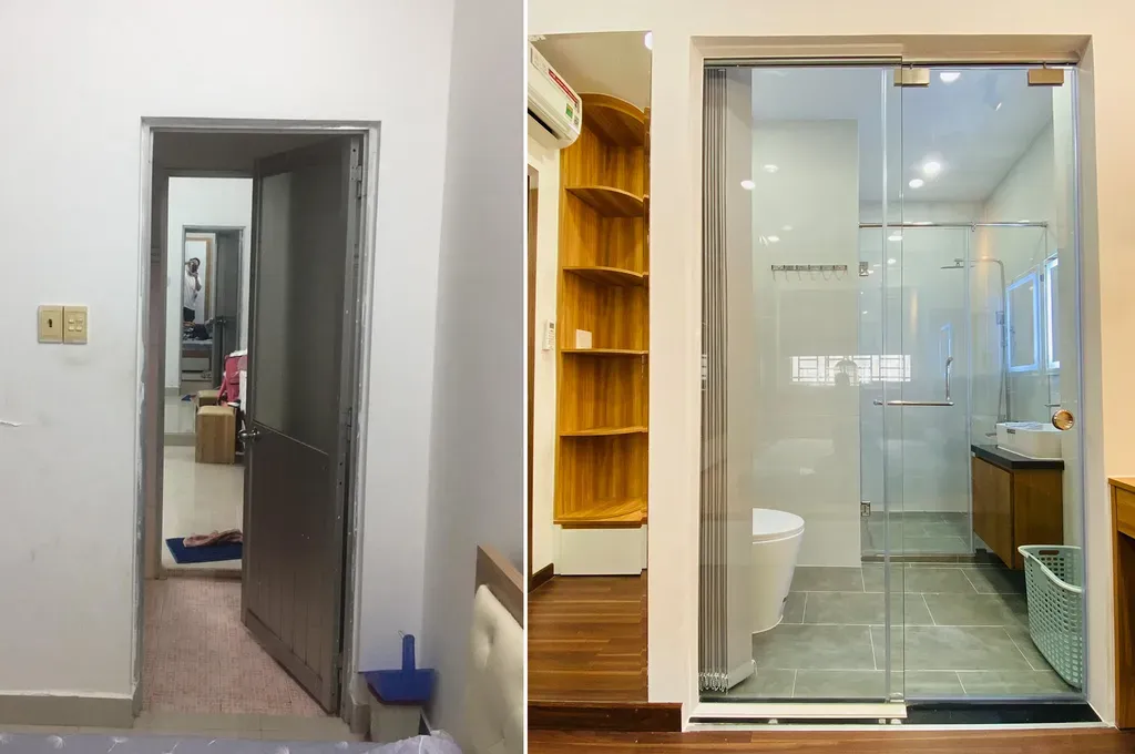 Phòng tắm, Lối vào - Cải tạo nhà 44m2 từ 2 tầng: sửa 1 tầng thành tầng lửng, giải phóng không gian | Space T