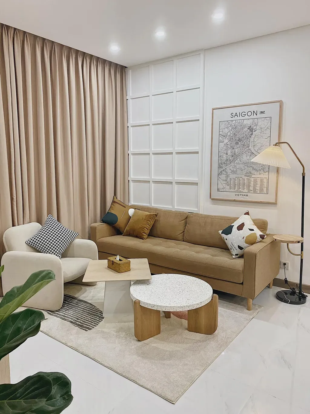 Phòng khách - Căn hộ 106m2 được phối màu nội thất nâu - trắng trang nhã mà hiện đại | Space T