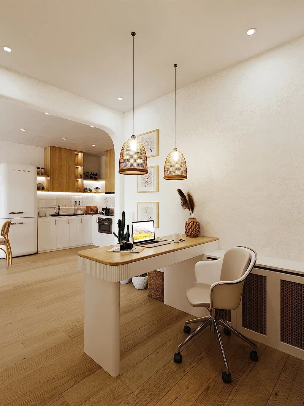 Phòng bếp, Phòng làm việc - Căn hộ phong cách Hiện đại kết hợp Farmhouse mộc mạc, ấn tượng | Space T