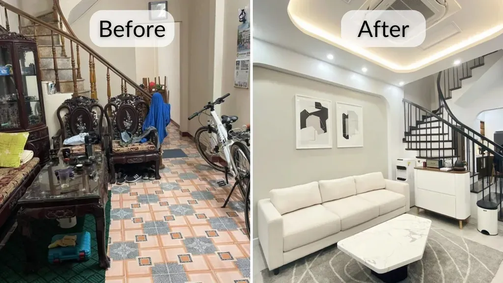 Phòng khách - Nhà cũ 38m2 20 năm tuổi tại Hà Nội “vịt hóa thiên nga” sau cải tạo toàn diện | Space T