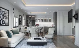 Phòng khách, Phòng bếp, Phòng ăn - Căn hộ Nơ Trang Long Quận Phú Nhuận - Phong cách Neo Classic 