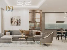 Phòng khách, Phòng bếp - Căn hộ Petro Landmark Quận 2 150m2 - Phong cách Modern 