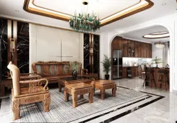 Phòng khách, Phòng bếp - Nhà phố KDC Lavilla Long An - Phong cách Neo Classic 