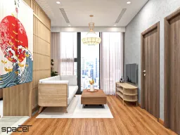 Phòng khách - Căn hộ Eco Green Quận 7 49m2 - Phong cách Japandi 