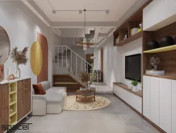 Phòng khách, Lối vào - Nhà phố Xô Viết Nghệ Tĩnh - Phong cách Color Block + Scandinavian 