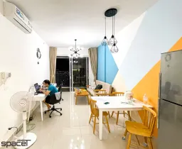 Phòng khách, Phòng ăn, Phòng làm việc - Cải tạo Căn hộ Golden Mansion Phú Nhuận - Phong cách Color Block 