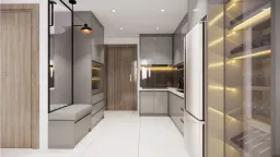 Phòng bếp, Lối vào - Căn hộ The Origami Vinhomes Q9 - Phong cách Modern 