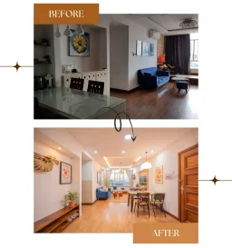 Phòng khách, Phòng bếp - “Thổi hồn” cho căn hộ 95m2 thuê du lịch tại Quy Nhơn 