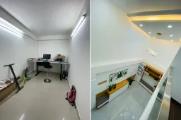 Lối vào, Phòng làm việc - Cải tạo nhà 44m2 từ 2 tầng: sửa 1 tầng thành tầng lửng, giải phóng không gian 