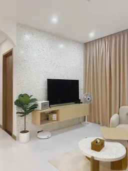 Phòng khách - Căn hộ 106m2 được phối màu nội thất nâu - trắng trang nhã mà hiện đại 