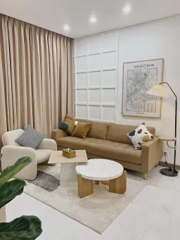 Phòng khách - Căn hộ 106m2 được phối màu nội thất nâu - trắng trang nhã mà hiện đại 