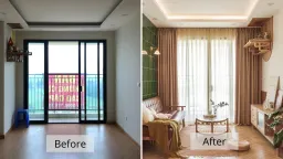 Phòng khách - Câu chuyện tổ ấm đầu tiên màu cam cháy và xanh rêu 