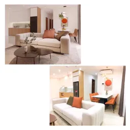 Phòng khách - Căn hộ 99m2 bố trí nội thất hợp lý với sắc cam - trắng trang nhã hiện đại 