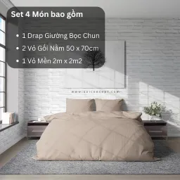 Bộ Chăn Ga Gối 4 Món Lụa Tencel Màu Nâu Sữa