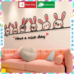 Tranh Dán Tường Mica 3D Khổ Lớn Hoạt Hình Thỏ Bunny Dễ Thương