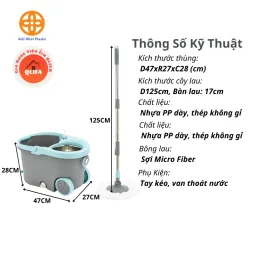 Bộ Cây Lau Nhà Tròn 360 Độ Nhựa PP, Thép Không Gỉ Siêu Bền