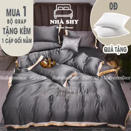 Trọn Bộ Chăn Ga Vỏ Gối Lụa Cotton BEAUTIFUL HOME - Chữ Thêu Sang Trọng - Phối Viền Nhiều Màu