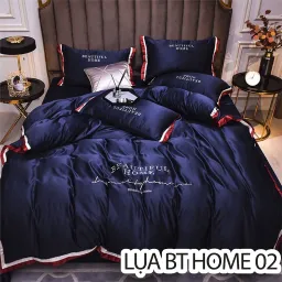 Trọn Bộ Chăn Ga Vỏ Gối Lụa Cotton BEAUTIFUL HOME - Chữ Thêu Sang Trọng - Phối Viền Nhiều Màu