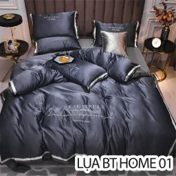 Trọn Bộ Chăn Ga Vỏ Gối Lụa Cotton BEAUTIFUL HOME - Chữ Thêu Sang Trọng - Phối Viền Nhiều Màu