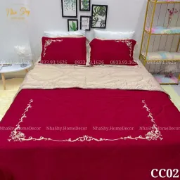 Trọn Bộ Chăn Ga Vỏ Gối Lụa Cotton Hoàng Gia - Họa Tiết Thêu Royal Bedding - Phối Màu